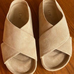 LAUREN MANOOGIAN SUEDE CROSS SANDALS